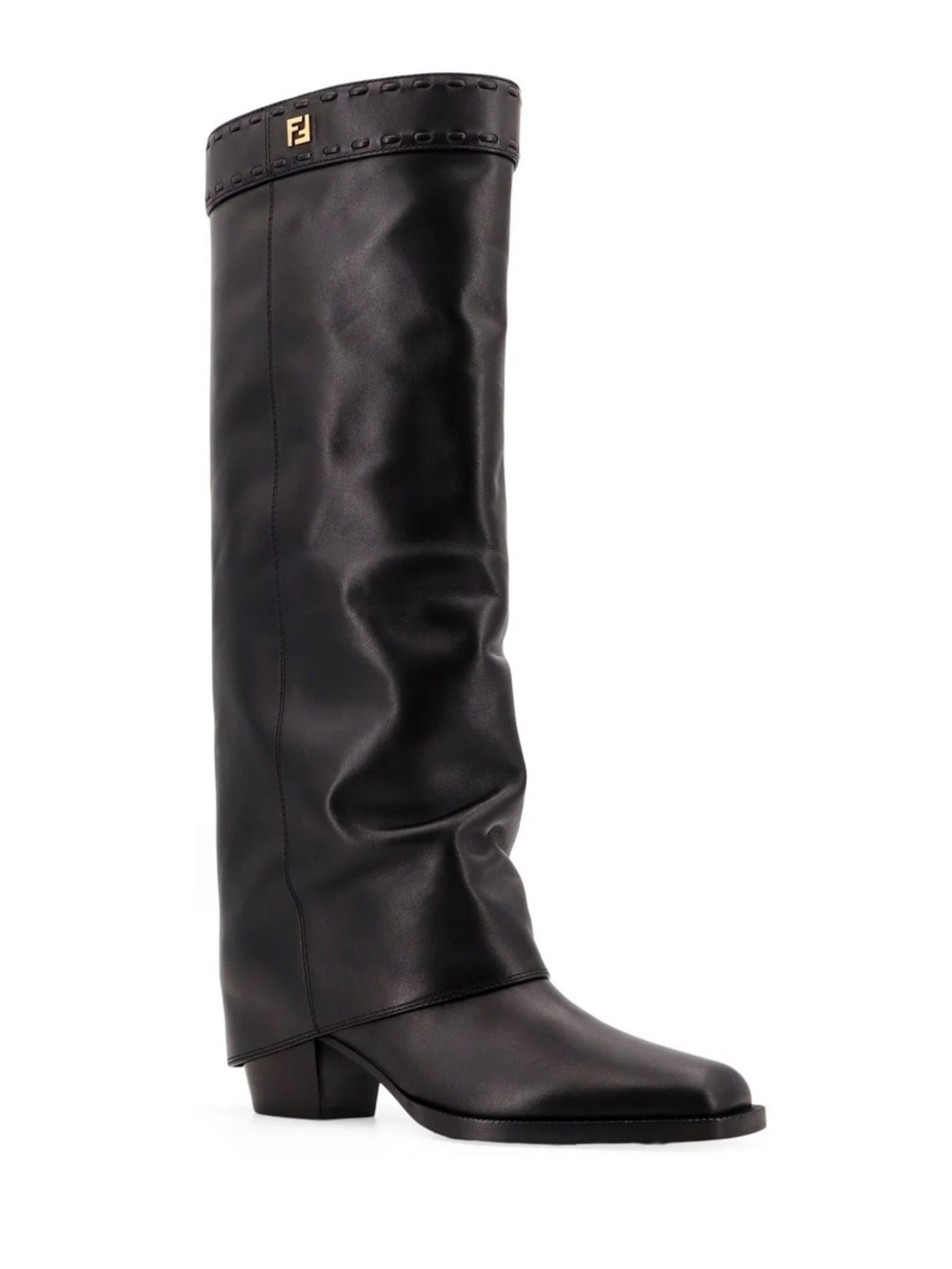 Fendi Black Leather Over-the-Knee Boots with Branded Trim